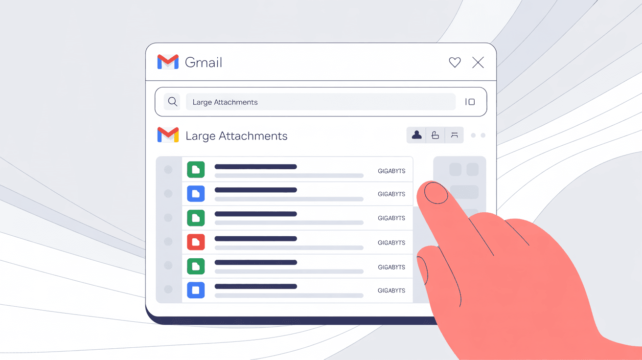 Gmail search interface showing query with email results displaying attachment sizes
